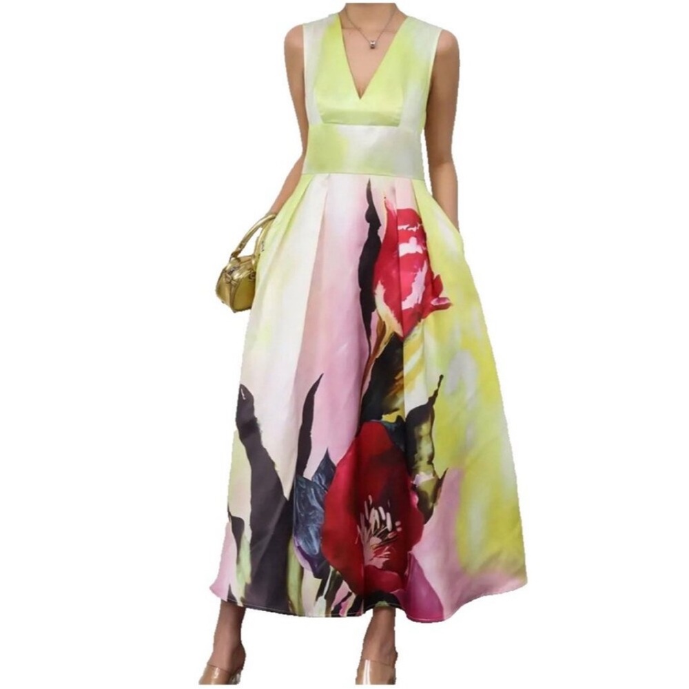STYLEWE V-Neck Floral Maxi Dress - Red and Green